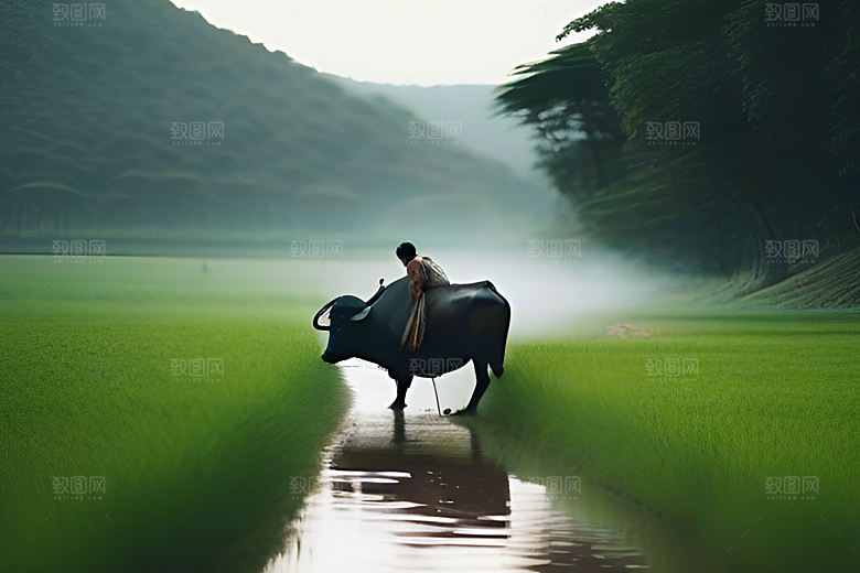 绿草和树木间的男人与水牛
