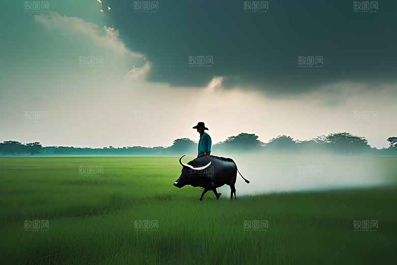 田野中的水牛喷水场景