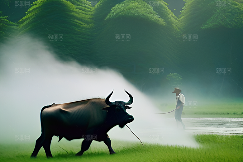 绿草和树木间的男人与水牛