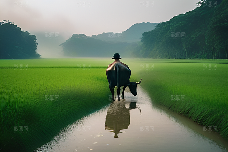 绿草和树木间的男人与水牛