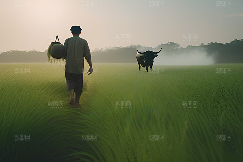 绿草和树木间的男人与水牛