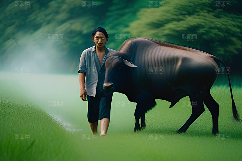 男人与水牛在绿色的田野中行走