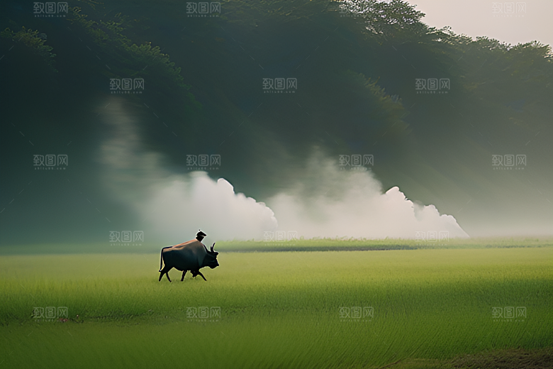 美景中的男人与水牛漫步