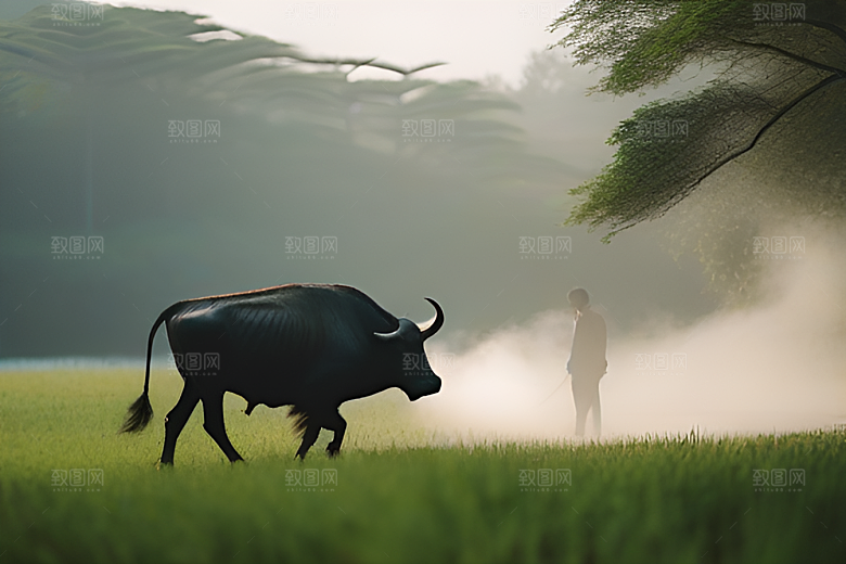 美景中的男人与水牛漫步