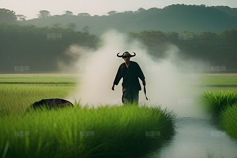 美景中的男人与水牛漫步