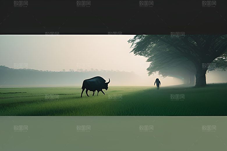 美景中的男人与水牛漫步
