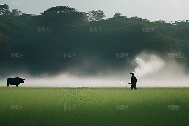 美景中的男人与水牛漫步