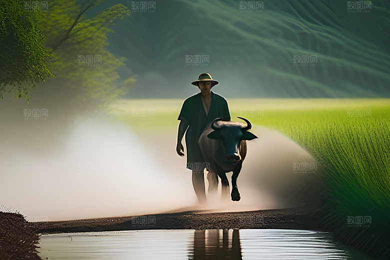树木掩映的绿草田野中的男人和水牛