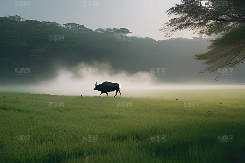 男人与水牛在草地上漫步