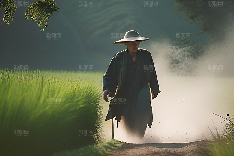 男人与水牛在草地上漫步