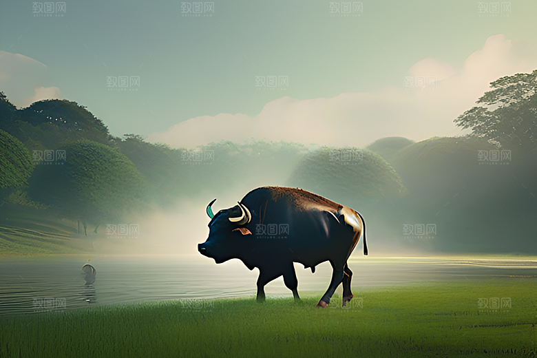 男人与水牛在草地上漫步