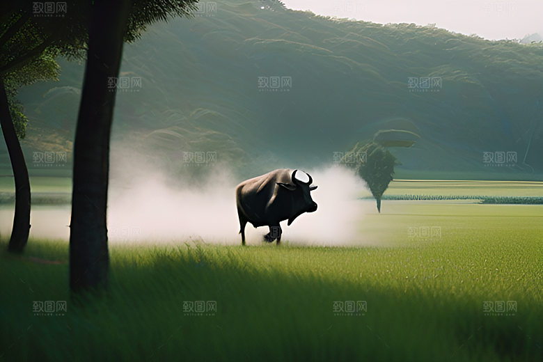男人与水牛在草地上漫步