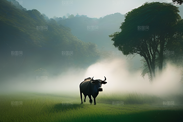 男人与水牛在草地上漫步