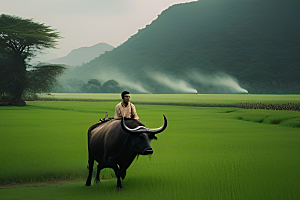 在田野中漫步的男人与水牛