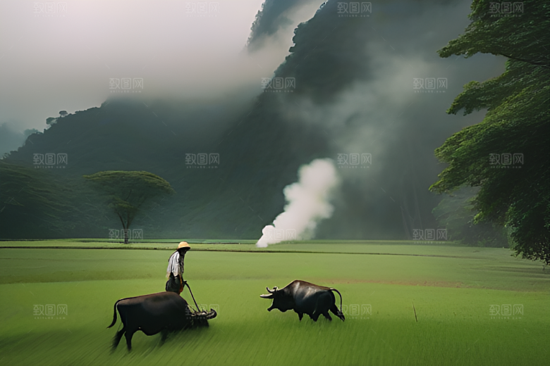 青翠的绿草地上男人与水牛同行