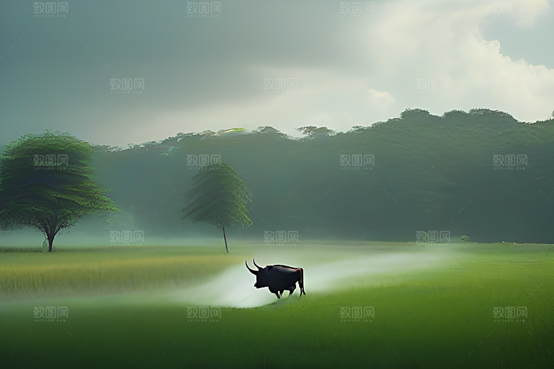 青翠的绿草地上男人与水牛同行