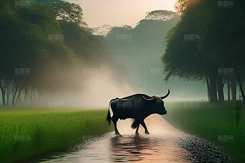 青翠的绿草地上男人与水牛同行