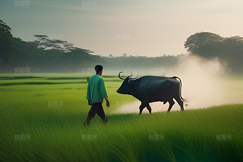 青翠的绿草地上男人与水牛同行