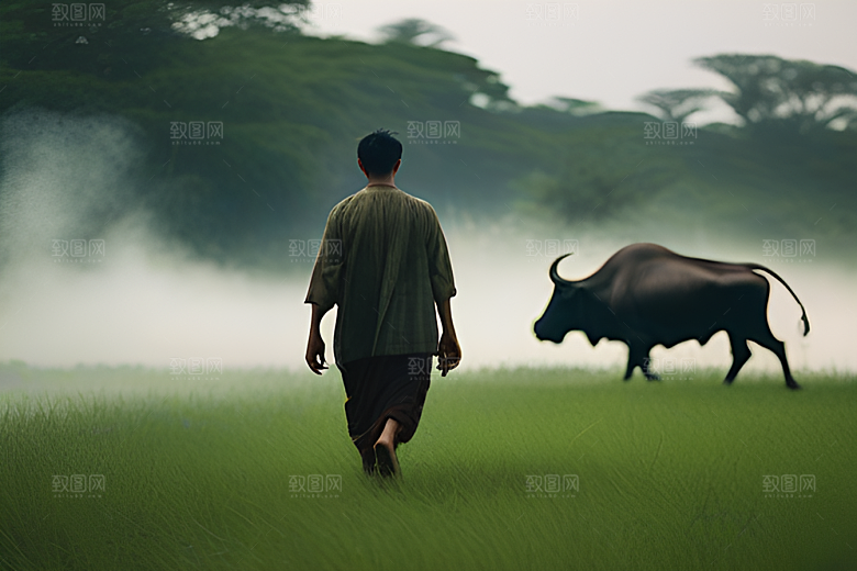 青翠的绿草地上男人与水牛同行