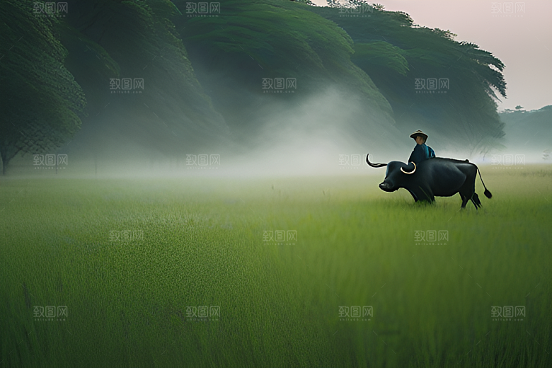 男人与水牛在绿草地上一同行走