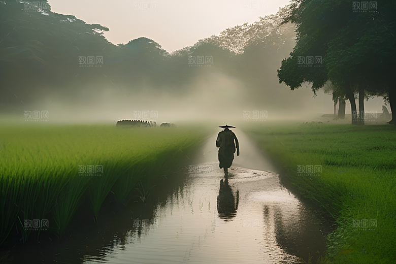 青翠的绿草地上男人与水牛同行