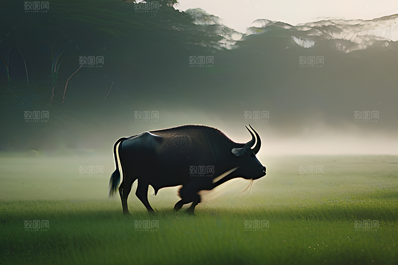 青翠的绿草地上男人与水牛同行