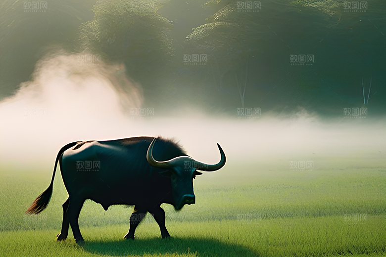 青翠的绿草地上男人与水牛同行