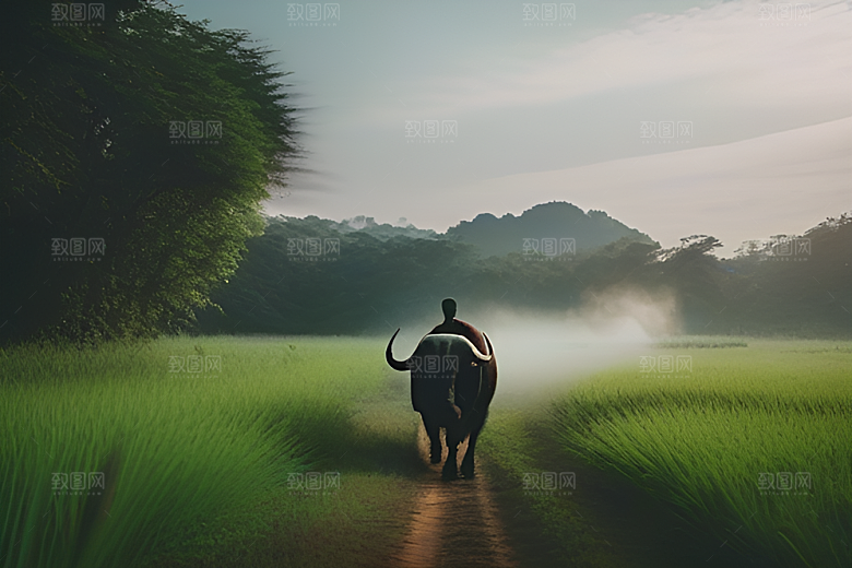 男人与水牛在绿草地上一同行走