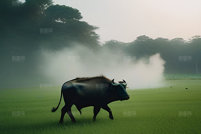 男人与水牛在绿草地上一同行走