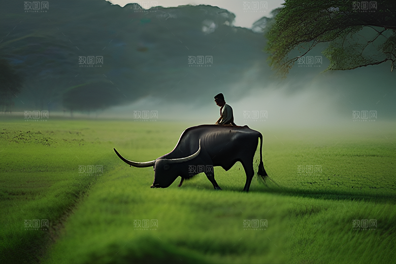 男人与水牛在绿草地上一同行走