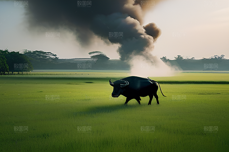 男人与水牛在绿草地上一同行走