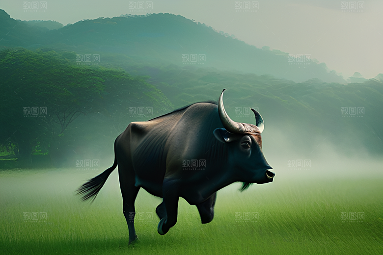 男人与水牛在绿草地上一同行走