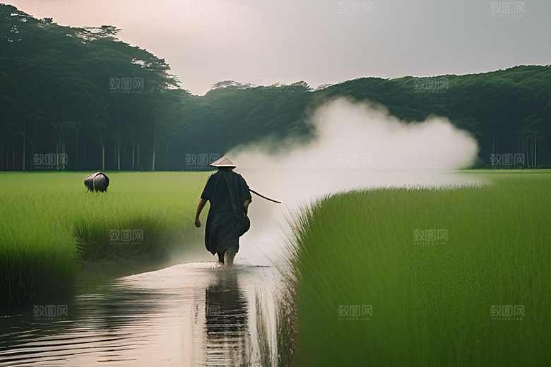 美丽的绿草田野中的男人与水牛