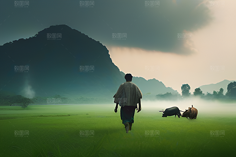 漫步在绿草地上的男人与水牛