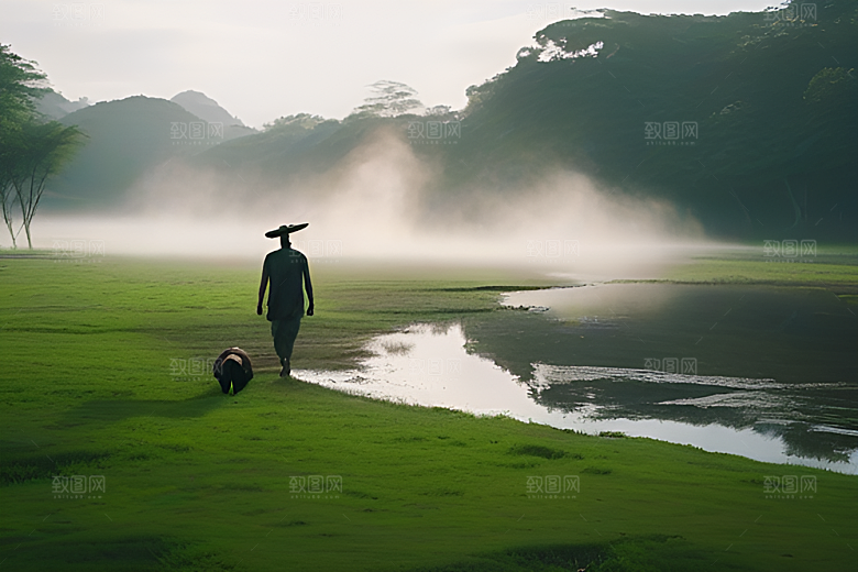 男人和水牛在绿草丛中穿行