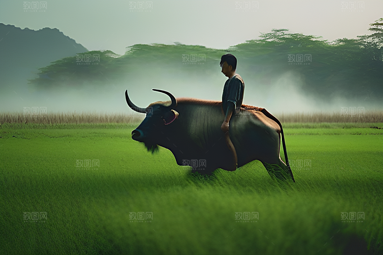 男人和水牛在绿草丛中穿行