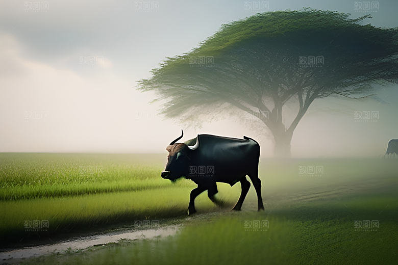 男人和水牛在绿草丛中穿行