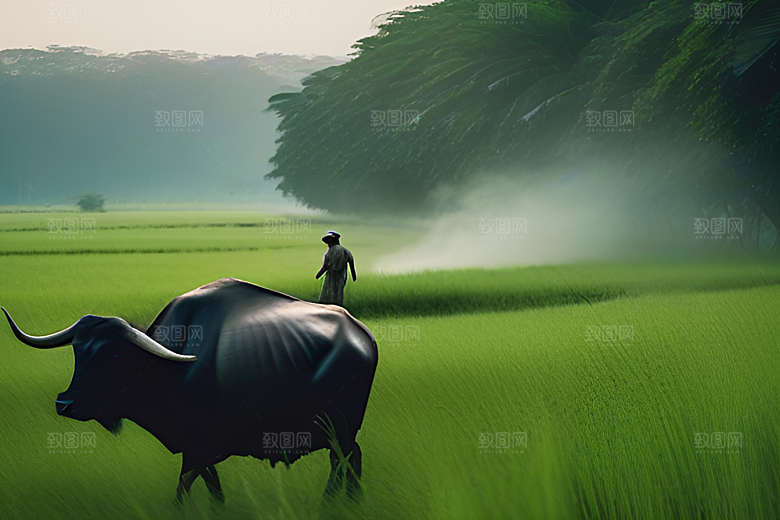 漫步在绿草地上的男人与水牛