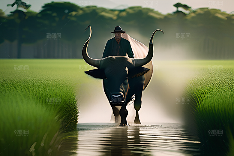绿色田野中的男人与水牛