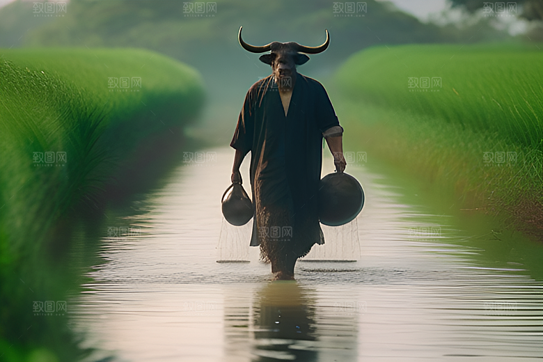 漫步在绿草地上的男人与水牛