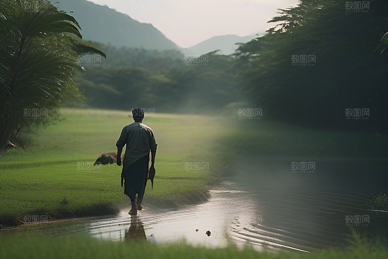 漫步在绿草地上的男人与水牛