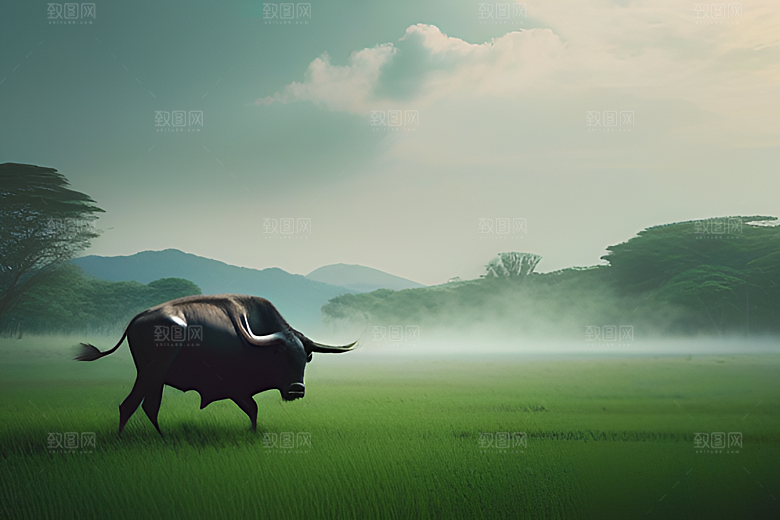 漫步在绿草地上的男人与水牛