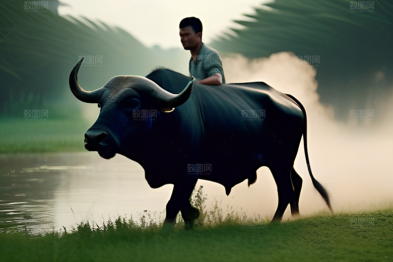 漫步在绿草地上的男人与水牛
