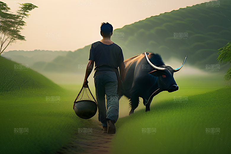 漫步在绿草地上的男人与水牛