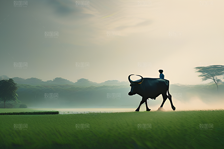漫步在绿草地上的男人与水牛