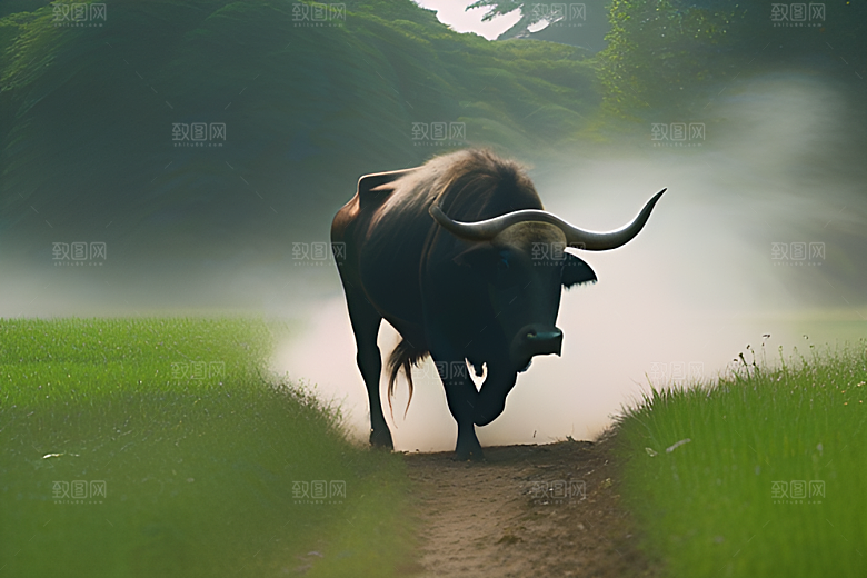 漫步在绿草地上的男人与水牛