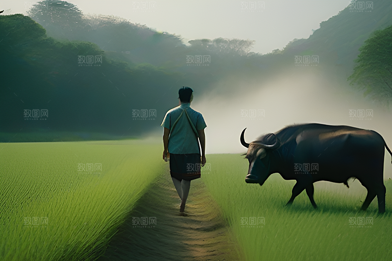 绿草和树木间的男人与水牛