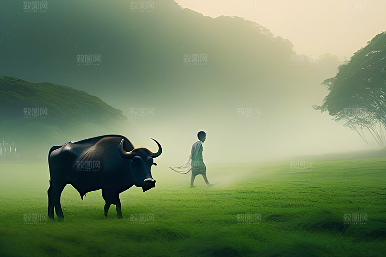绿草和树木间的男人与水牛