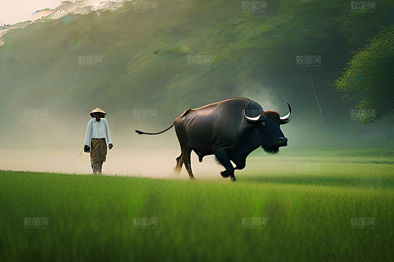美景中的男人与水牛漫步