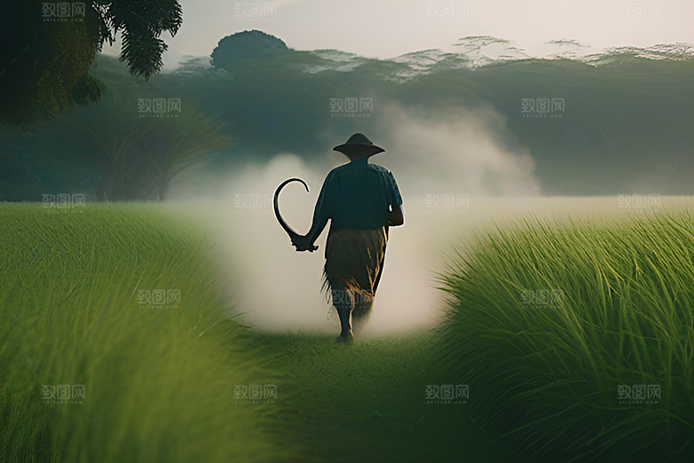 树木掩映的绿草田野中的男人和水牛